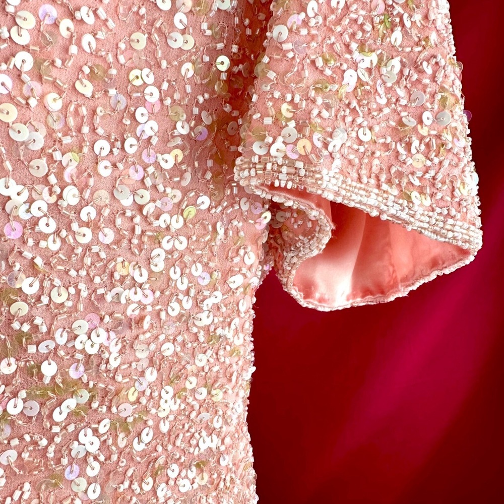 Pink Sequin Date Night Top Vintage Scala Silk Beaded Romantic Valentine Large - Picture 3 of 17